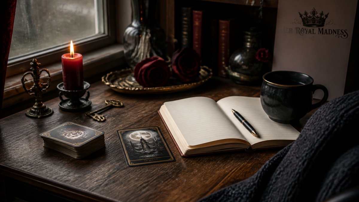 A woman in a dark knit sweater sitting at a small wooden desk by a window, one oracle card turned face up beside a lit candle, an open journal and pen resting on the page, soft overcast light, muted gothic and dark academia tones