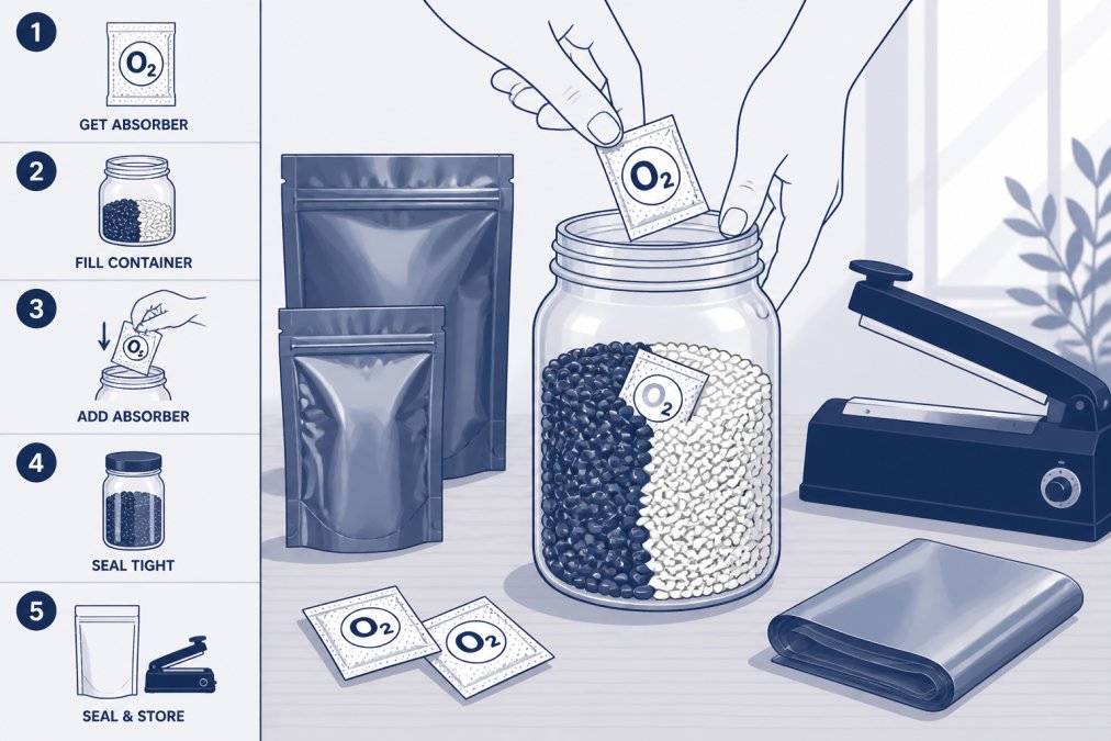 Hands placing oxygen absorber packets into a clear glass jar filled with dried beans and rice, with mylar bags and heat sealer tools visible on a wooden table in natural light