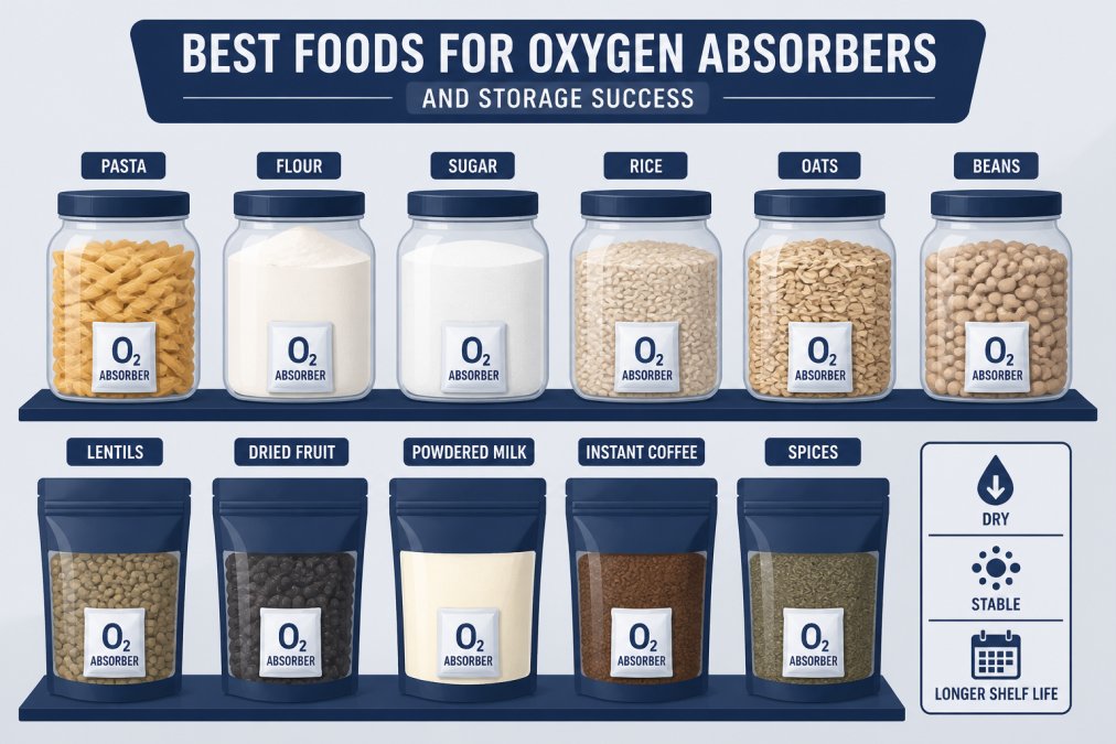 Organized collection of food storage containers showing various dry goods like pasta, flour, sugar, and grains in sealed jars and mylar bags with oxygen absorber labels visible