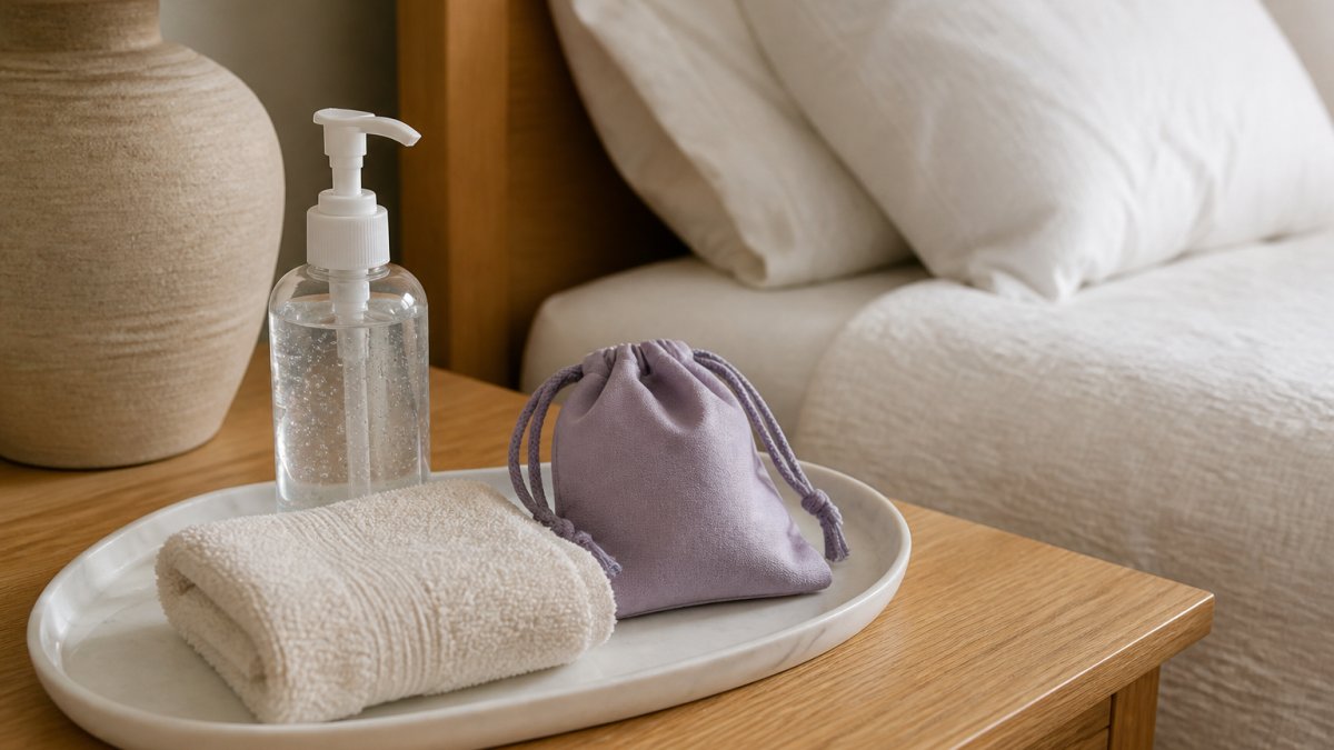 A calm, softly lit bedroom scene showing a small tray with a water-based lubricant bottle, a folded towel, and a discreet storage pouch on a bedside table, no people visible, warm neutral tones