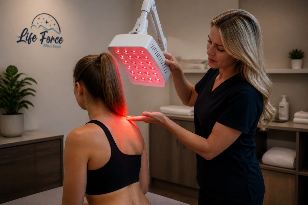 A healthcare practitioner in a modern clinic adjusting a red light therapy panel over a patient's shoulder while explaining the treatment, warm clinical lighting, professional medical setting