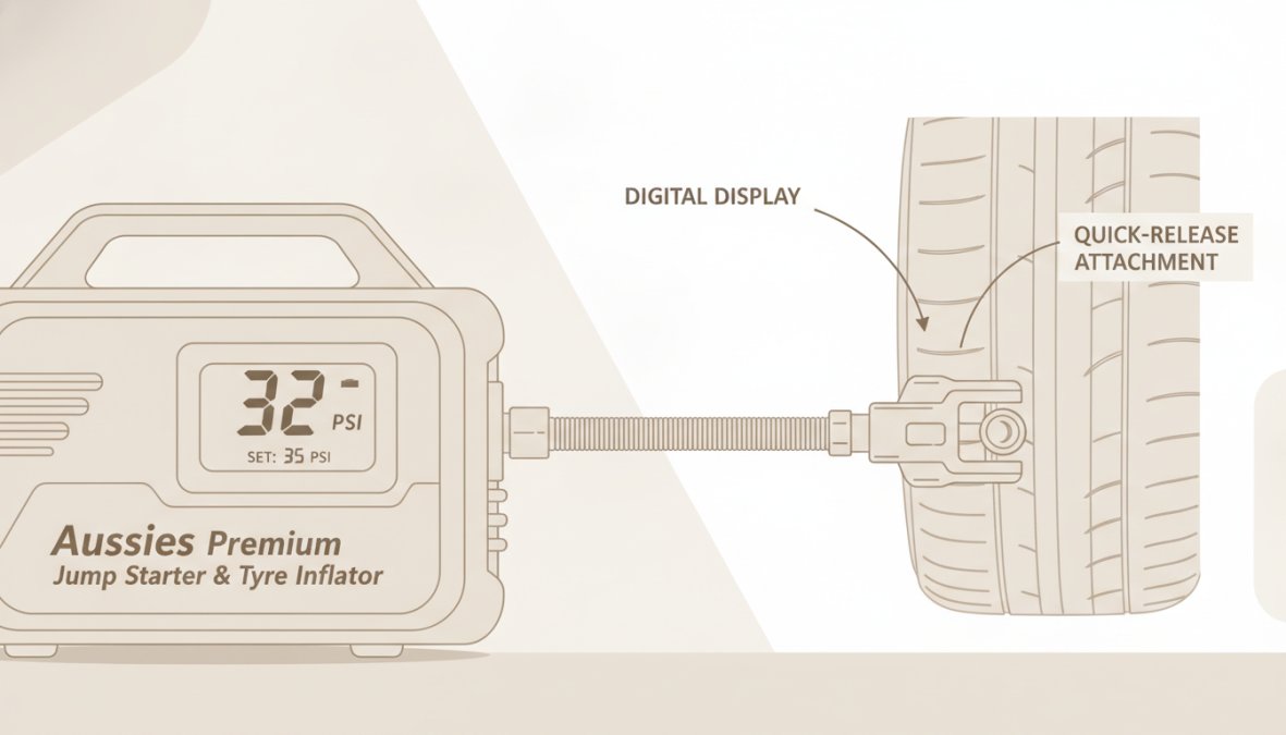 Close-up of a portable tyre inflator being connected to a car's valve stem, showing the quick-release chuck attachment and digital display clearly visible