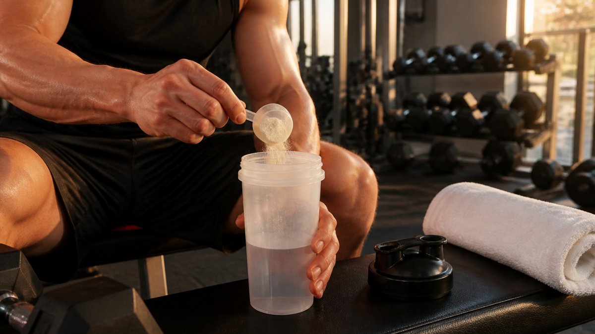 Close-up of hands holding a clear shaker bottle with pre-workout powder being mixed with cold water on a gym bench, with dumbbells and towel visible in background