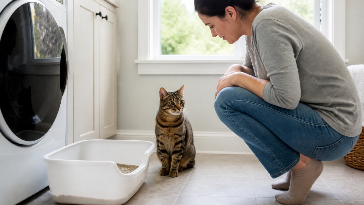 Owner checking a cat’s litter box in a bright laundry room to monitor digestive health