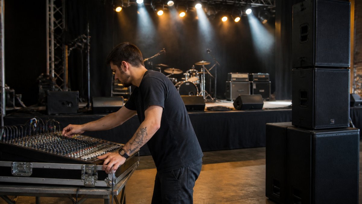 Musician adjusting professional PA systems on a stage before a live performance