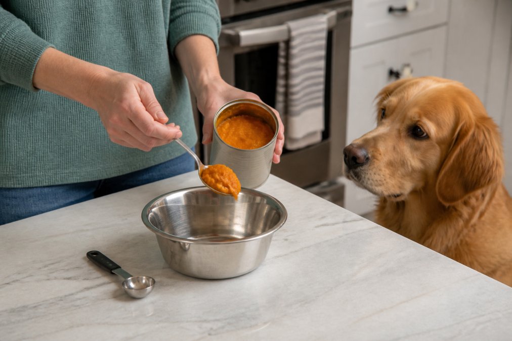 Dog owner spooning plain canned pumpkin puree into a stainless steel bowl next to a measuring spoon on a light kitchen counter, with a golden retriever watching intently nearby