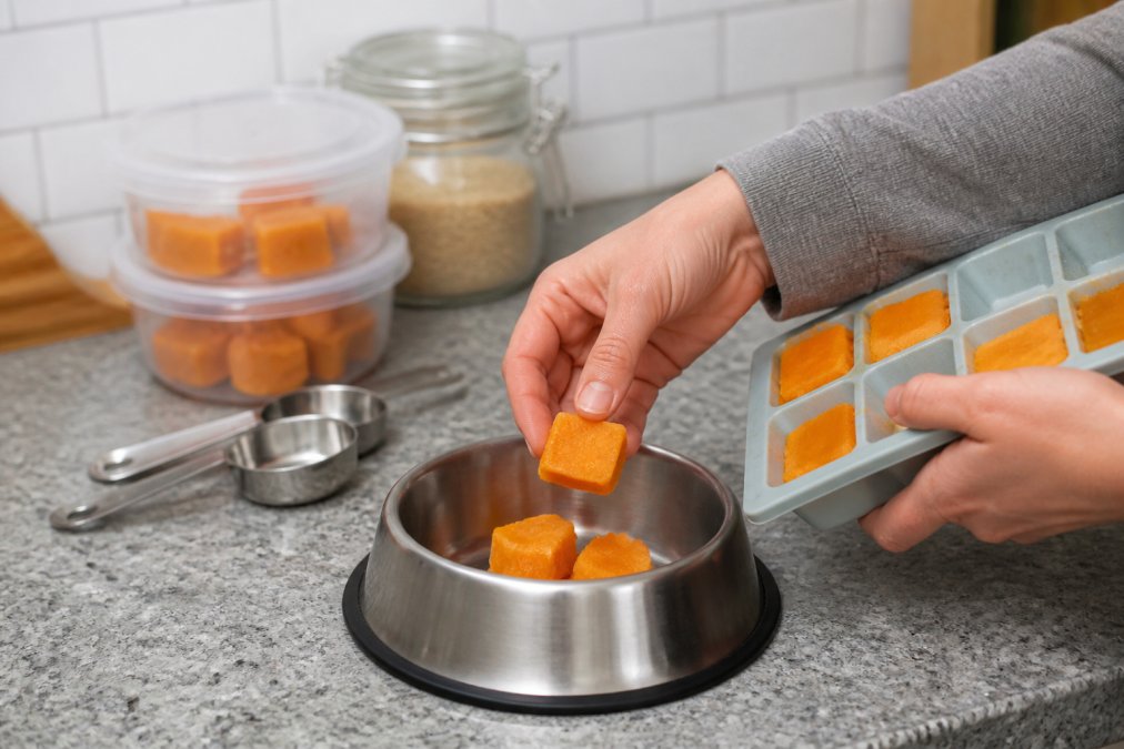 Hands placing frozen pumpkin puree portions from a silicone ice cube tray into a stainless steel dog food bowl, with labeled storage containers and measuring spoons visible in the blurred background of a clean kitchen