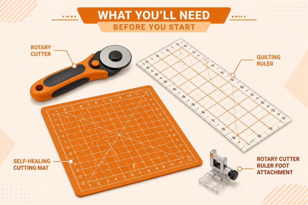 Diagram showing quilting essentials laid out: rotary cutter with circular blade, clear quilting ruler with grid markings, self-healing cutting mat with measurement grid, rotary cutter ruler foot attachment