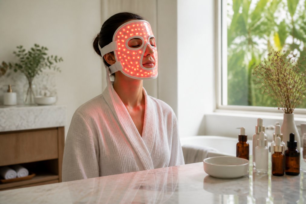 A woman in a bright bathroom wearing a red LED face mask, eyes closed, soft natural light, skincare bottles on the counter beside her