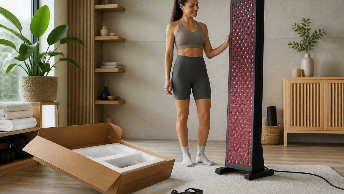 A person in comfortable athletic wear standing in front of a large red light therapy panel in a bright, modern home wellness room, with protective goggles resting nearby on a clean, uncluttered floor