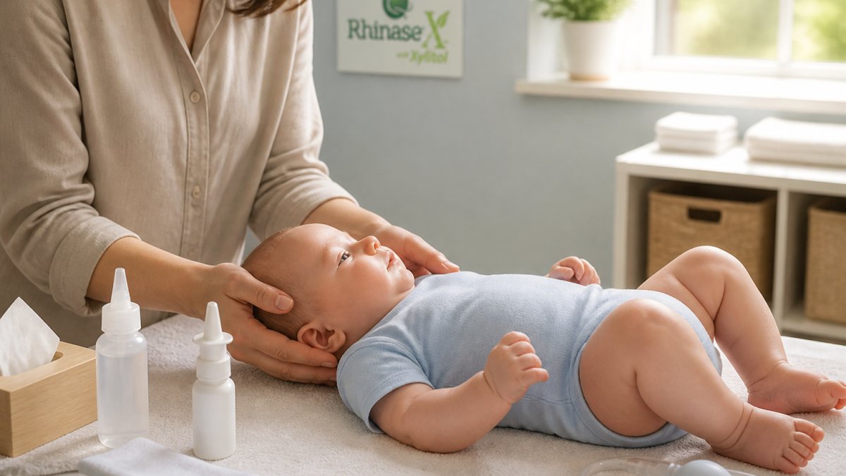 Parent gently supporting an infant's head in a relaxed position to administer nasal saline drops