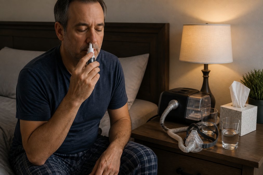 Person using saline nasal spray on their bed next to a CPAP machine to learn how to use saline spray with CPAP step by step