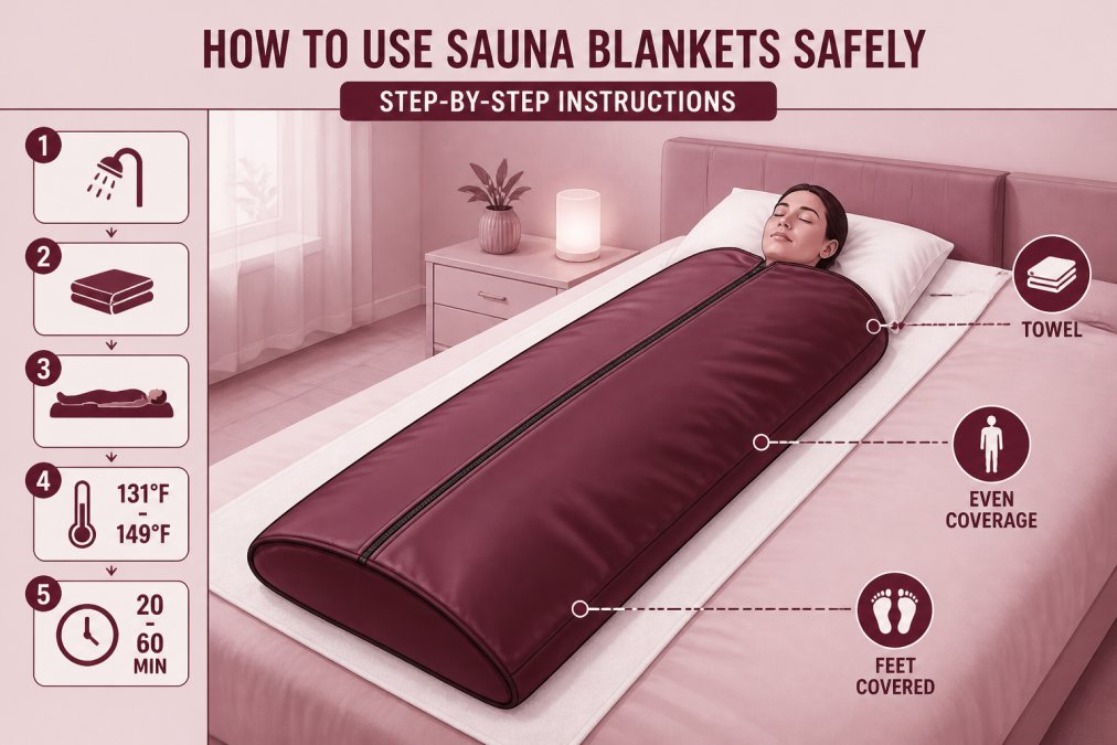 Person lying down in an infrared sauna blanket with proper white towel lining visible, showing correct body positioning and even blanket coverage from neck to feet in a bright bedroom
