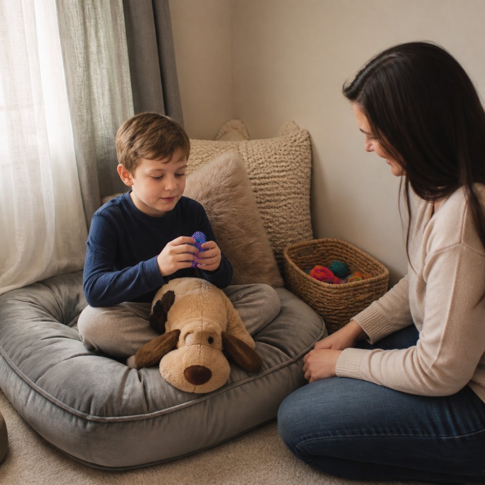 A cozy calm-down corner with a floor cushion, weighted plush dog, and a basket of various fidget toys.