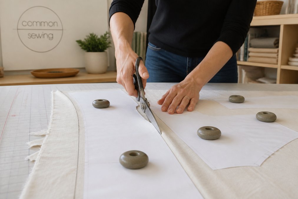 Hands using fabric shears to cut sewing machine patterns from fabric held down by weights