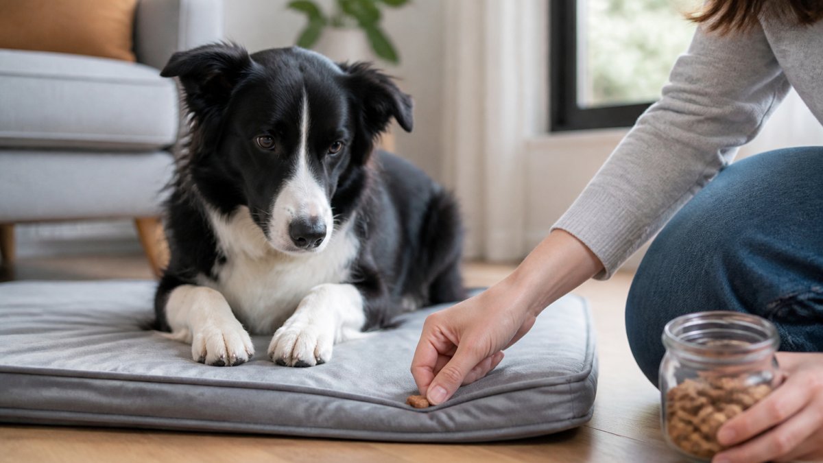 Owner placing a small treat by a relaxed dog resting on a mat in a sunny living room