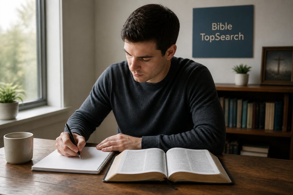 Person sitting at a table with an open Bible, notebook, and pen, writing in a journal during quiet morning time with natural light coming through a window