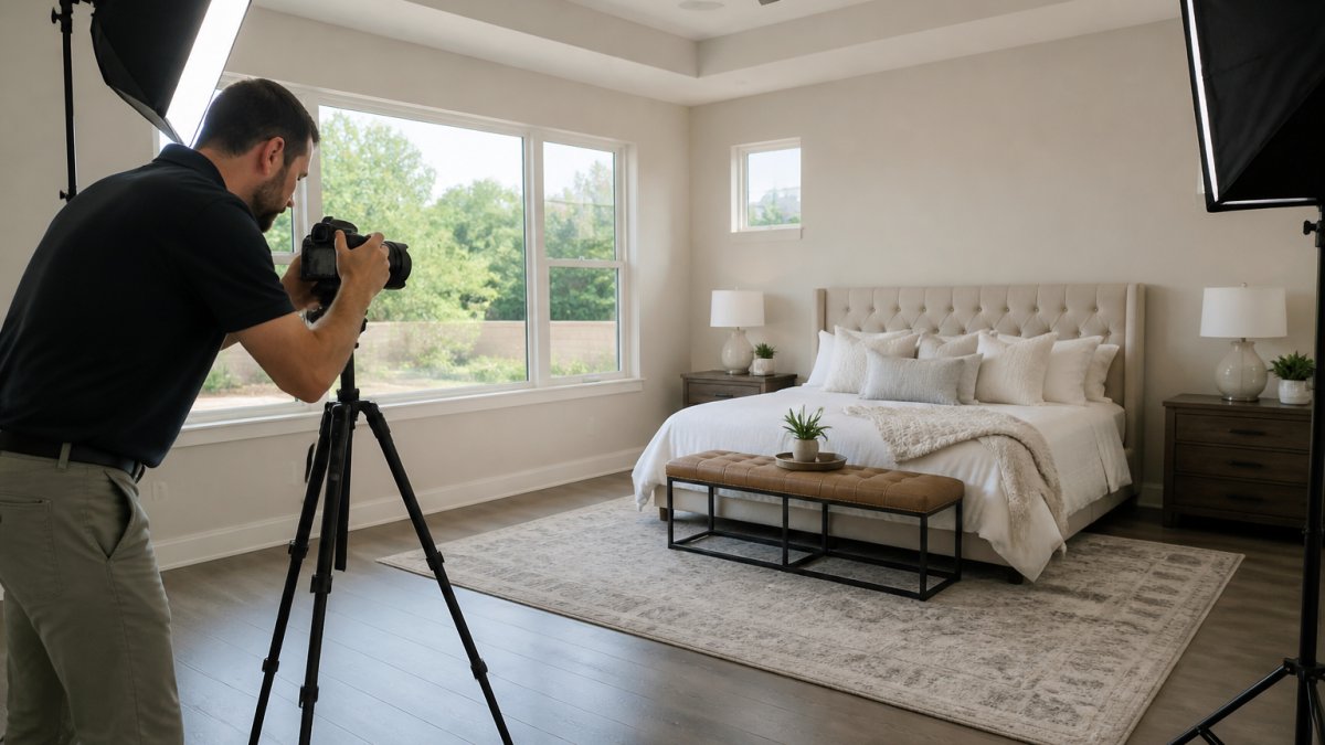 Professional real estate photographer adjusting camera and lighting setup while capturing a bright master bedroom with natural sunlight streaming through large windows and carefully staged furniture