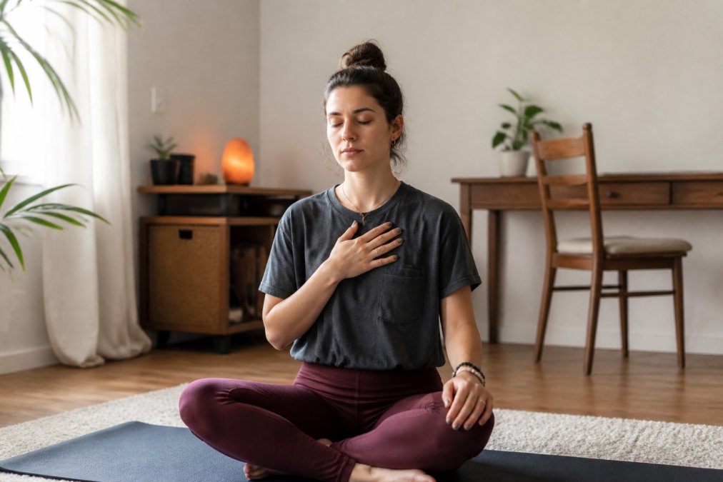 Person practicing grounding exercises on a yoga mat to learn how to use somatic therapy for emotional numbness