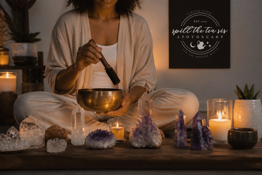Person sitting cross-legged in candlelit space, holding a singing bowl mallet over arranged crystals on a wooden altar, soft warm light illuminating quartz and amethyst stones