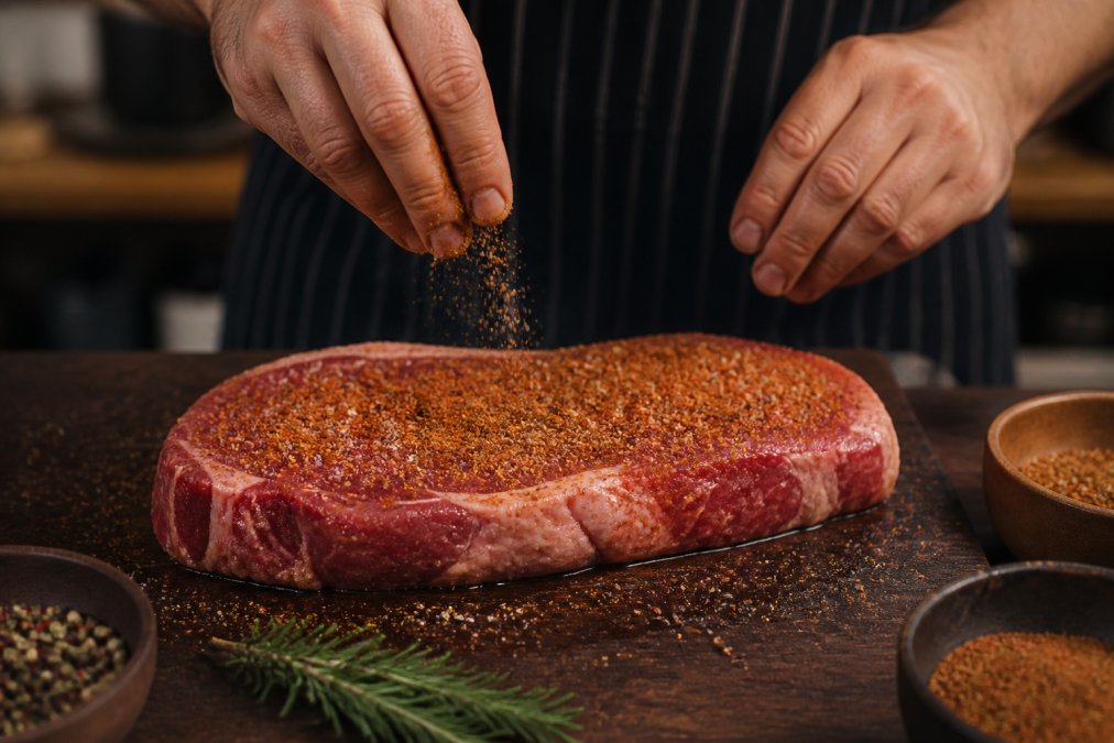 Close-up of hands applying Southwest spice blend as a dry rub across a raw steak on a wooden cutting board, seasoning falling evenly across the meat surface