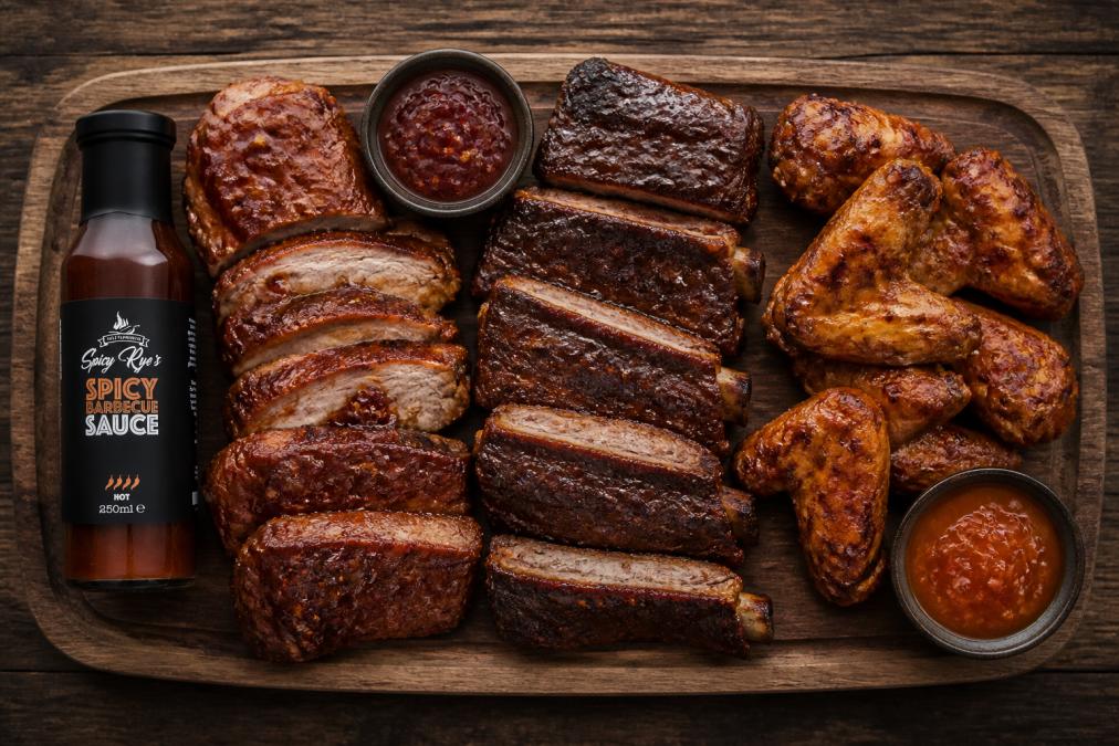 Overhead shot of a wooden board with sliced glazed pork chops, beef ribs, and chicken wings, each glistening with different spicy jam finishes