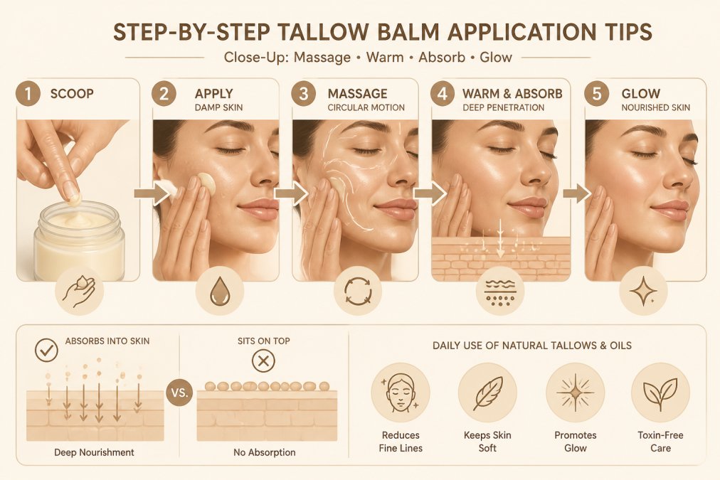 Close-up of hands massaging a small amount of tallow balm into damp facial skin, showing the warming and absorption process
