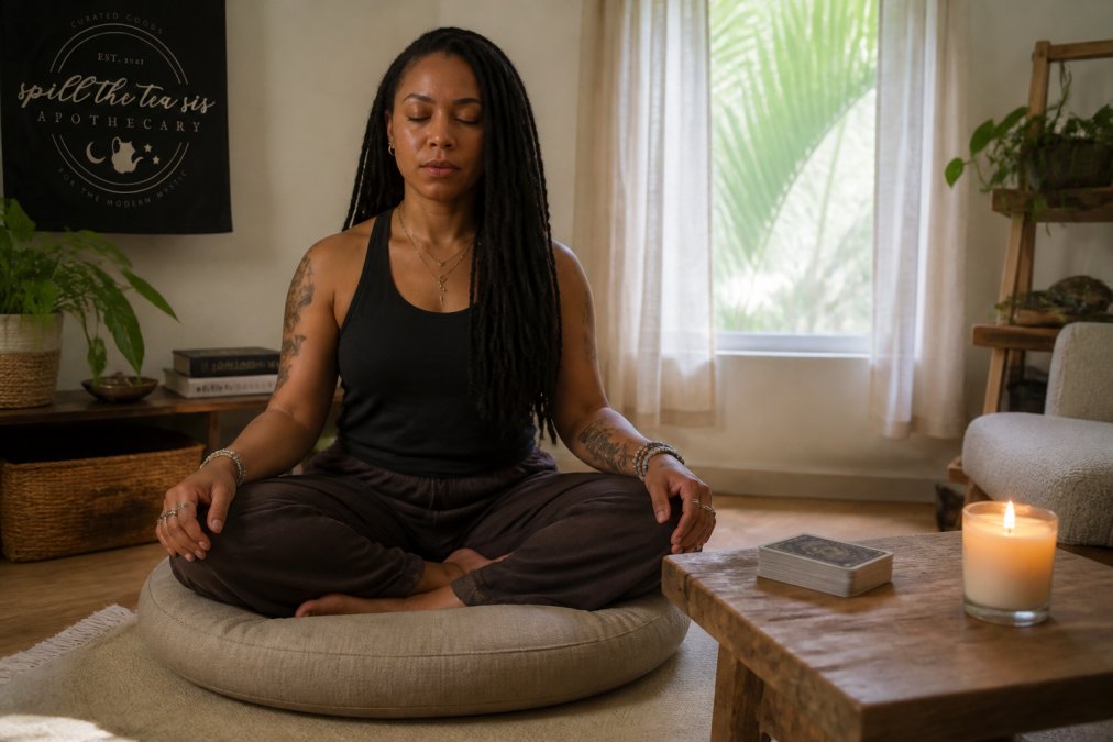 A woman sitting cross-legged on a cushion in a softly lit room, eyes closed with hands resting on her knees, a tarot deck and a lit candle placed on a low wooden table beside her