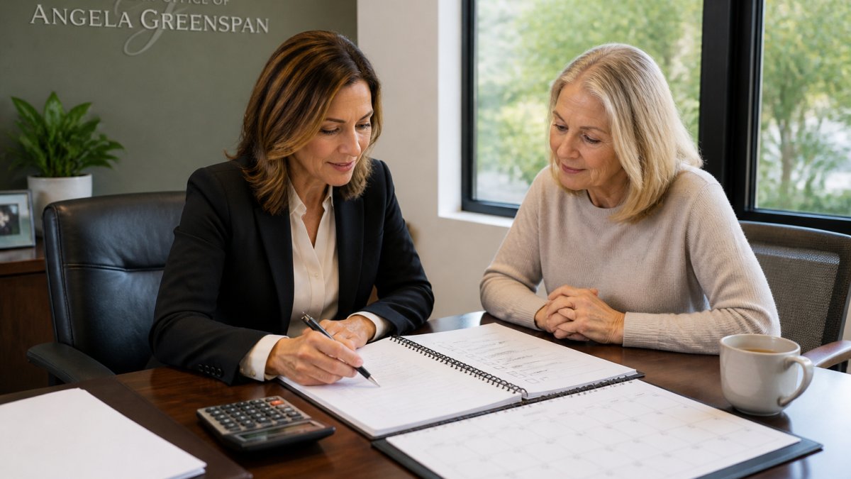 A financial advisor and a client reviewing a gifting checklist and calendar at a desk in a bright office, with a calculator and pen nearby