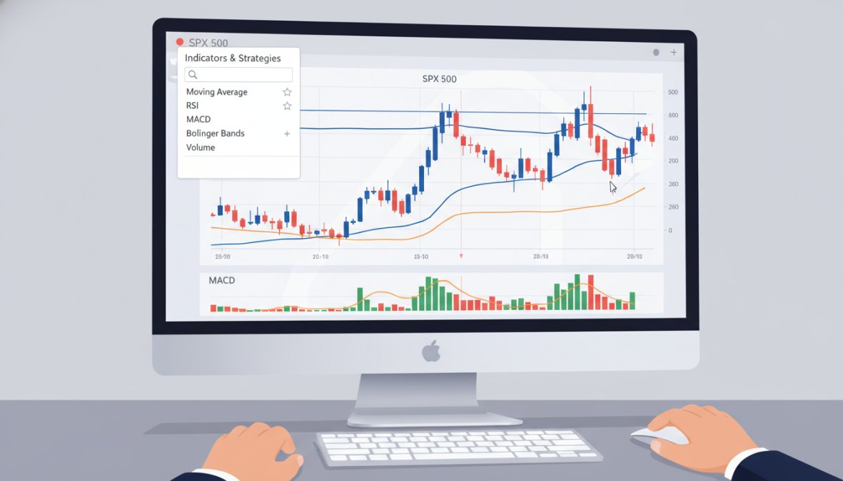 Close-up of a trader's hands navigating a desktop computer screen showing a financial charting platform with multiple chart overlays and a visible indicators toolbar menu open