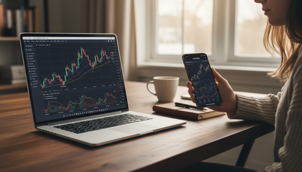 A trader sitting at a wooden desk with a laptop open showing a trading chart on the left side and a smartphone displaying a trading app chart on the right side, both screens visible under warm office lighting