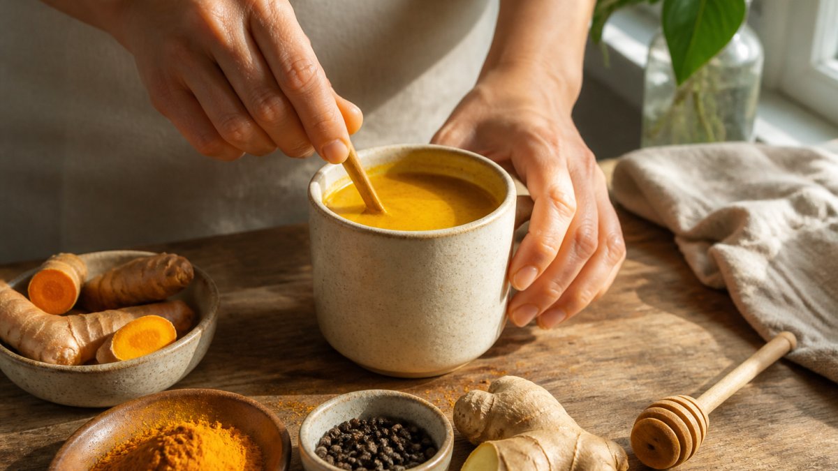 Hands preparing a golden milk drink in a ceramic mug with fresh turmeric root, black pepper, and ginger arranged on a wooden surface, natural morning light streaming across the scene