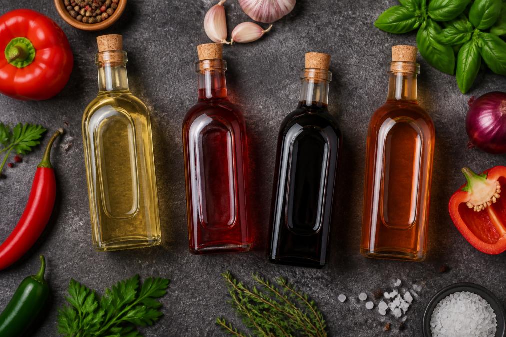 Overhead shot of four different vinegar bottles arranged on a kitchen counter with fresh ingredients like garlic, herbs, and peppers nearby