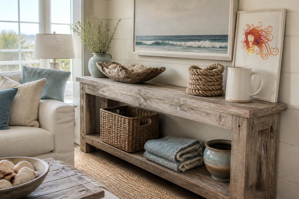 Styled coastal farmhouse living room with weathered reclaimed wood console table, soft cream and pale blue textiles, nautical rope accents, and natural light streaming through large windows illuminating the wood grain