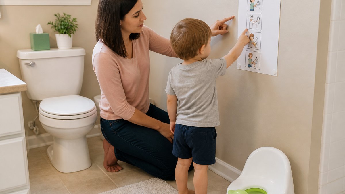 Parent and toddler pointing at a colorful visual schedule on a bright bathroom wall near a potty chair