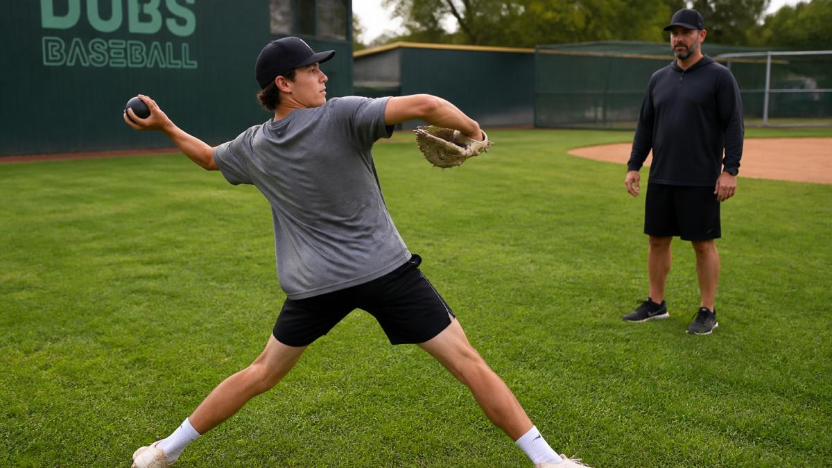A teenage baseball player performing a reverse throw drill with a weighted baseball on a practice field, coach observing nearby