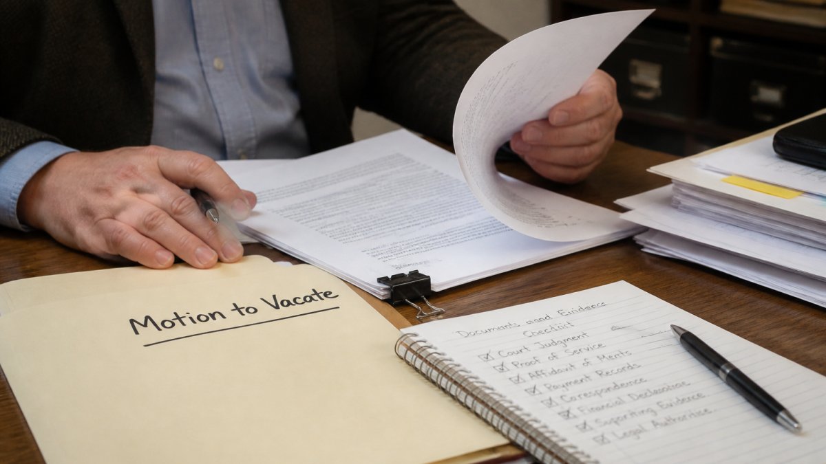 Professional organizing court documents and affidavits at desk with checklist visible, papers spread across surface with folder labeled "Motion to Vacate"