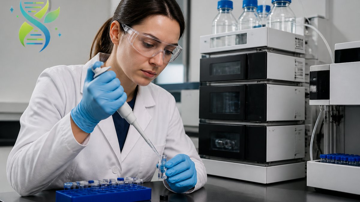 A scientist in a lab coat and safety glasses carefully pipetting a clear liquid sample into a vial for HPLC analysis, with a chromatography system visible in the background