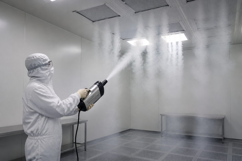 A cleanroom technician in full gowning holding a fogger device, releasing visible white smoke into a cleanroom to visualize airflow patterns from ceiling HEPA filters, with laminar flow streams clearly visible against the room's surfaces