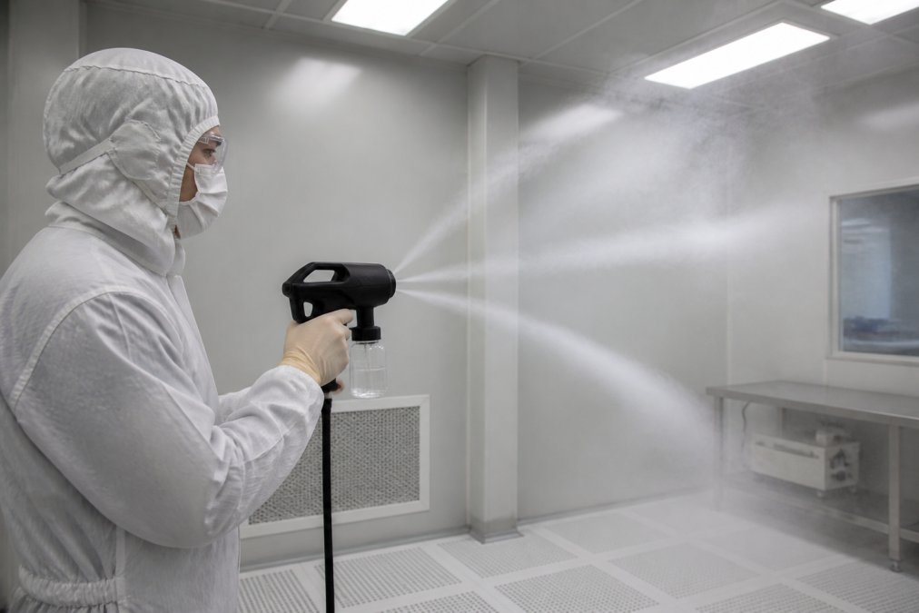 Technician using handheld aerosol photometer to visualize airflow patterns in cleanroom, with visible aerosol streams showing directional flow patterns in bright fluorescent lighting