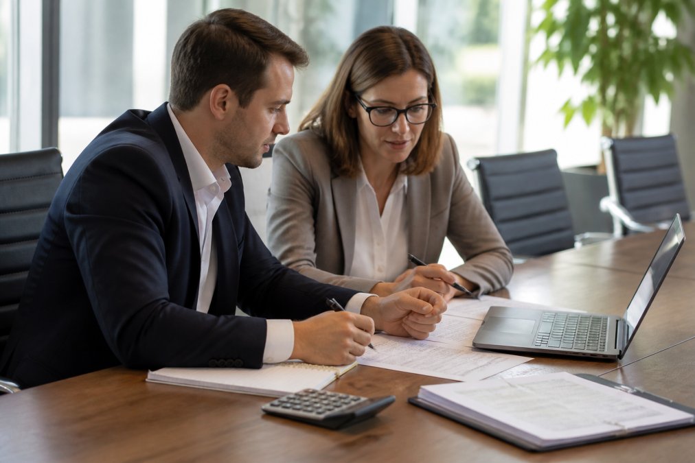 Buyer and advisor using financial data to learn how to value a business for acquisition in a five-step process