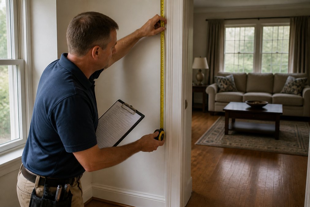 Professional real estate appraiser measuring interior dimensions and documenting property condition during a residential home inspection with clipboard and measuring tools