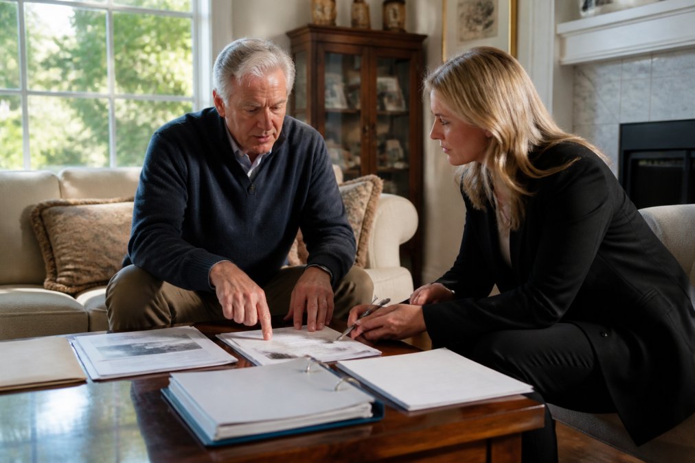 Executor and real estate agent reviewing property documents and discussing listing strategy in a home's living room with natural afternoon light coming through windows