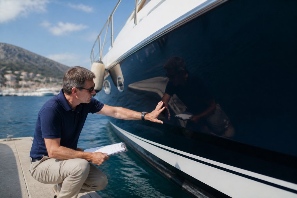 Professional marine surveyor conducting detailed inspection of yacht hull exterior with clipboard, examining structural integrity and condition near waterline with Mediterranean waters visible in background