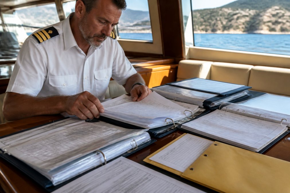 Close-up of organized yacht maintenance logs and service records spread across desk with captain reviewing detailed documentation and service history notes