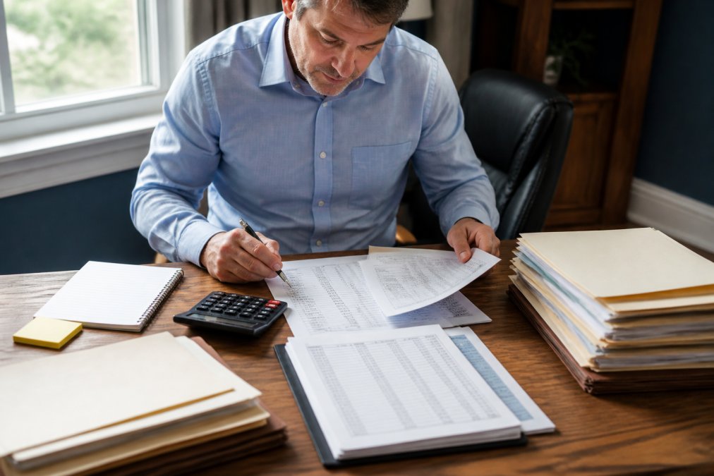 Business owner reviewing financial statements and balance sheets at a wooden desk with a calculator, notepad, and organized file folders, natural daylight from window