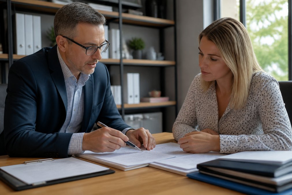 Professional business appraiser meeting with business owner in modern office setting, reviewing documents and financial statements on desk, serious focused discussion