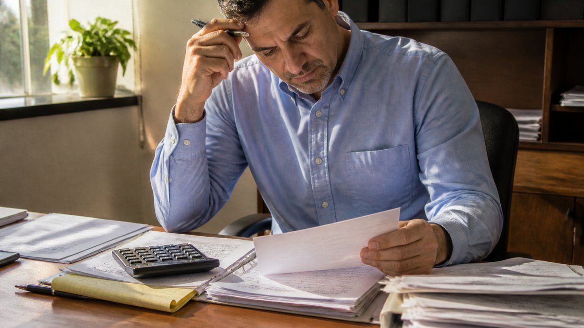 Business owner reviewing financial documents and tax returns at a desk with a calculator, notepad, and organized papers spread out in natural office lighting