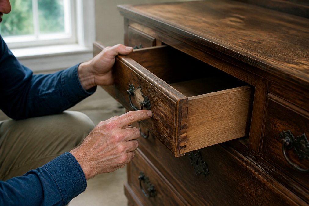 Hands of an estate appraiser examining a vintage wooden dresser's drawer joints and finish for wear, scratches, and structural integrity in natural daylight from a window