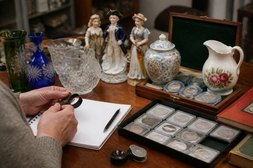 A curated collection of antique and collectible items arranged on a display table: vintage glassware with maker's marks, porcelain figurines, decorative ceramics, and collectible coins, with a jeweler's loupe and documentation notes visible